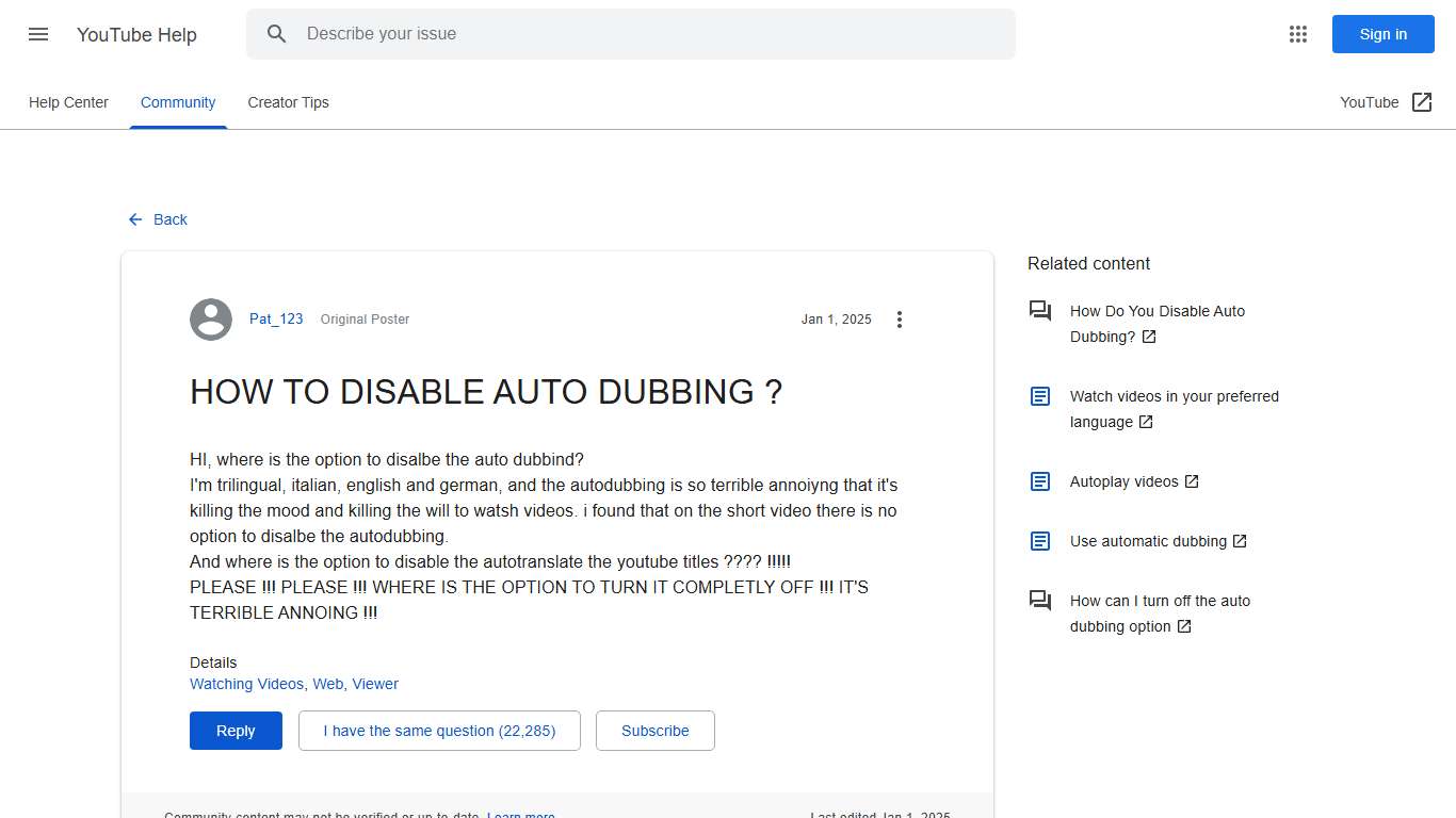 HOW TO DISABLE AUTO DUBBING ? - YouTube Community